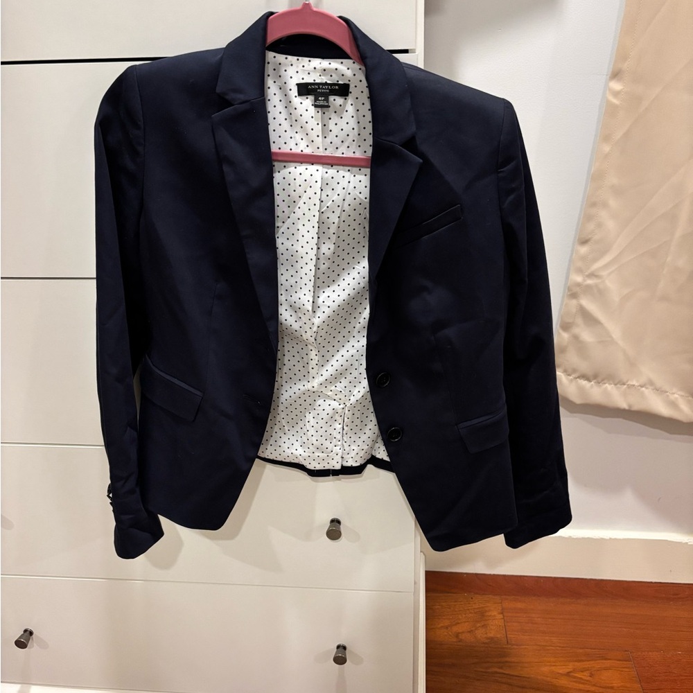 Navy Blazer with Polka Dot Lining